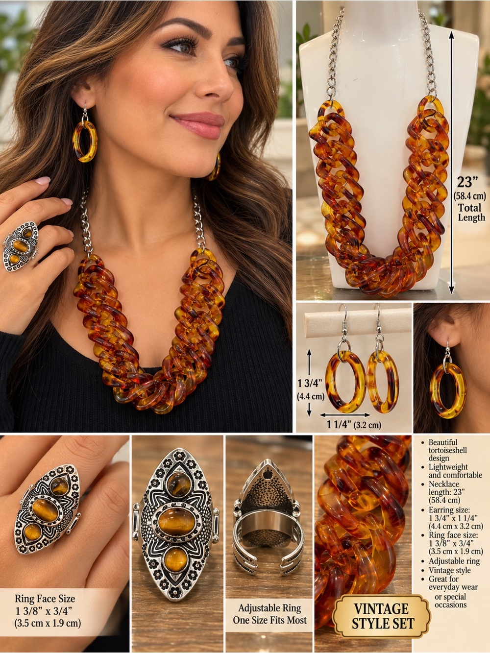 Tortoiseshell-Link Statement Necklace & Hoop Earring Set - Amber Tones